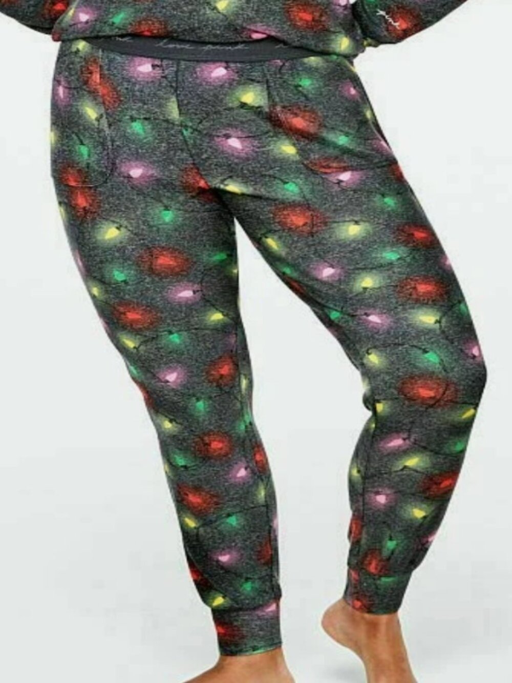 Victoria's Secret PINK Sleep Pants Joggers Pockets Gray with Christmas Lights